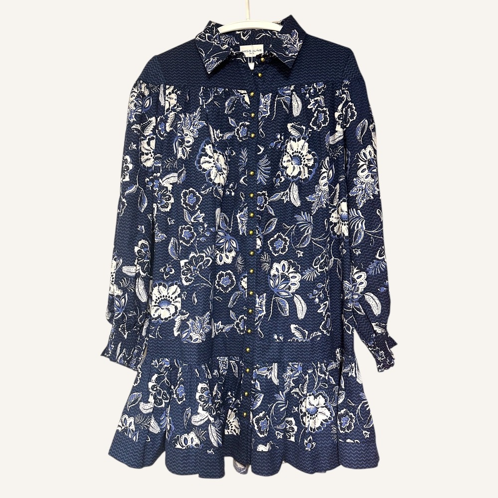 NWT Miss June Paris Blue Floral Paisley‎ Button Front Tiered Ruffle Dress OS